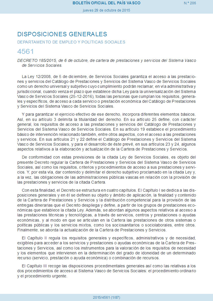 Decreto 1852015, de 6 de octubre, de cartera de prestaciones y servicios del Sistema Vasco