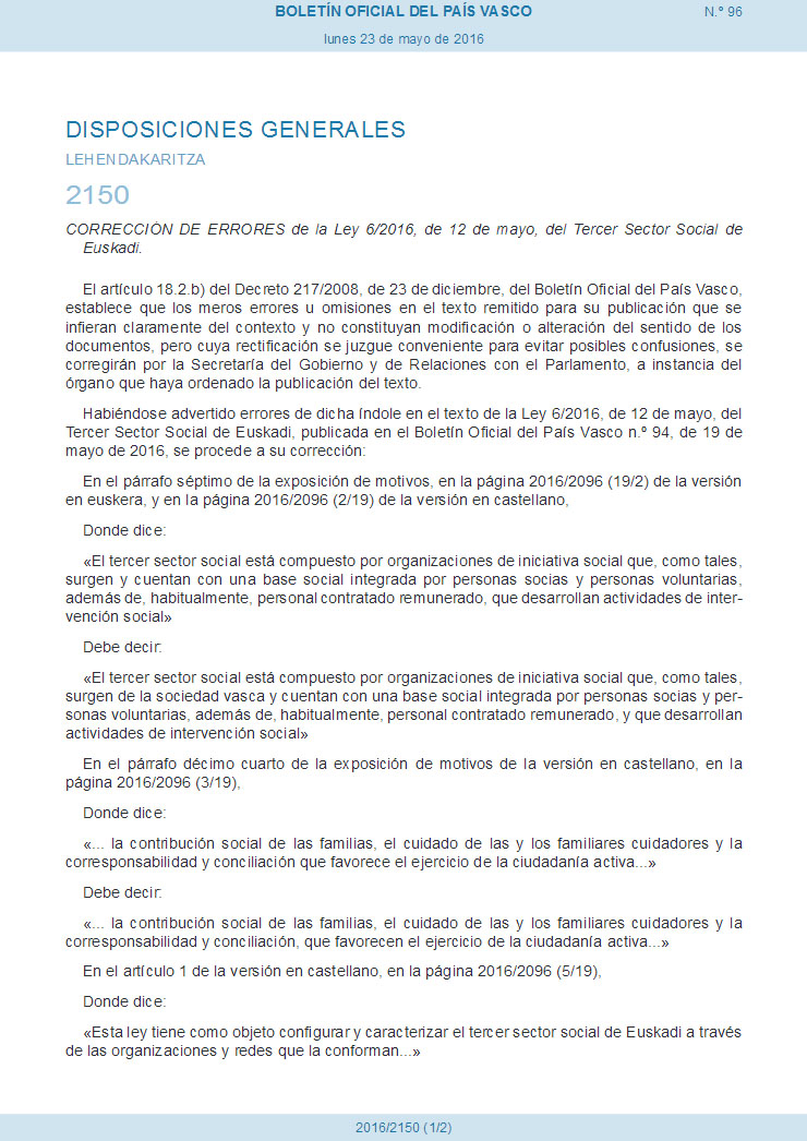 Corrección de errores Ley 62016, de 12 de mayo, del Tercer Sector Social (Euskadi)