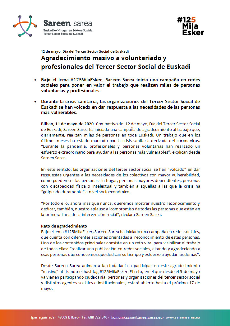 Mayo 2020. Agradecimiento masivo a voluntariado y profesionales del Tercer Sector Social de Euskadi