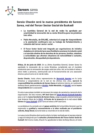 Nota de prensa: Sareen Sarea renueva su Junta Directiva
