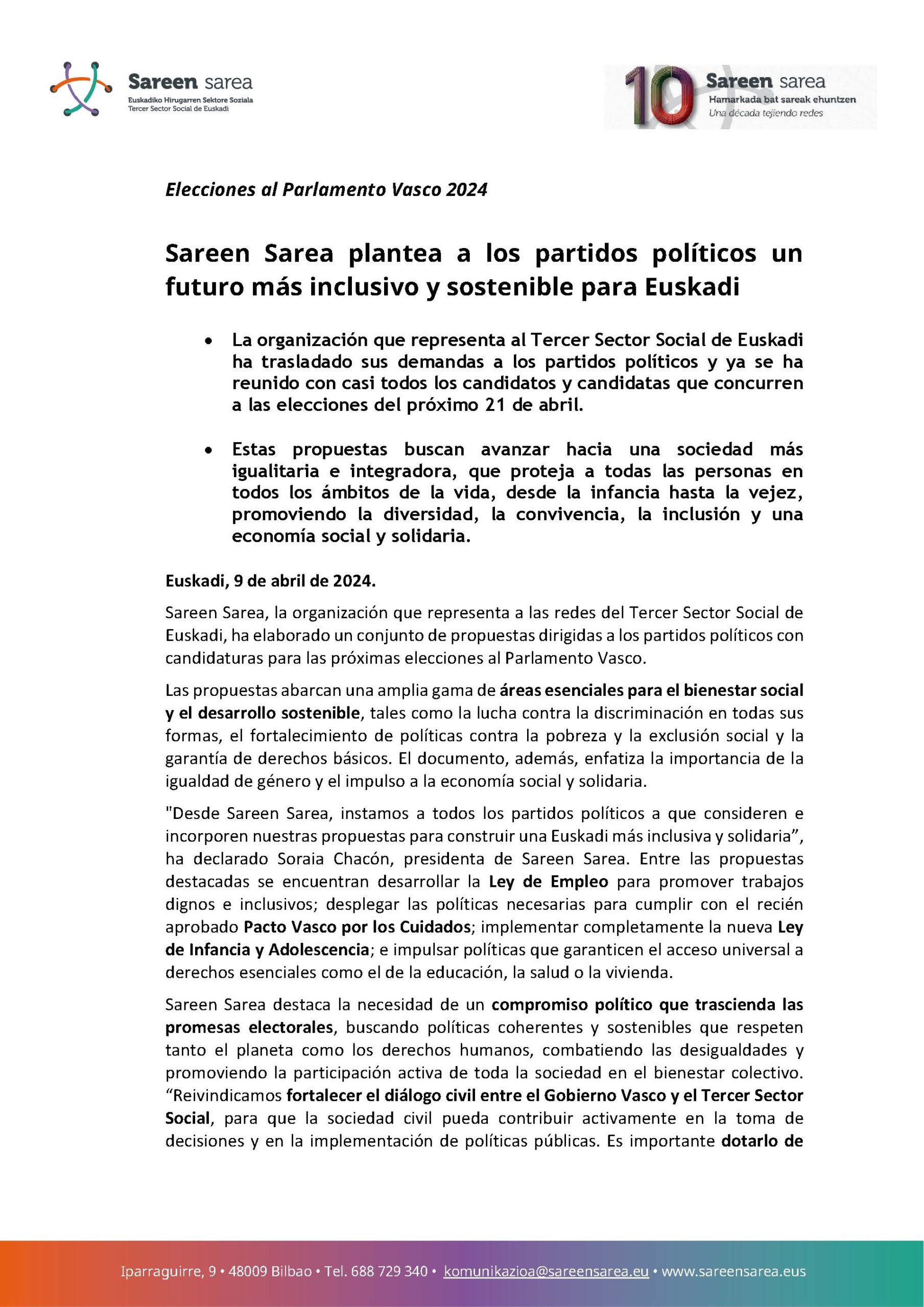 Nota de prensa: Elecciones Parlamento Vasco 2024